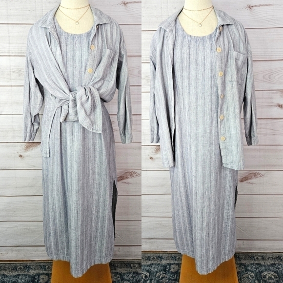 Picante Cotton Two Piece Midi Dress Set with Button Down in Blue and White Sz M - Picture 1 of 12